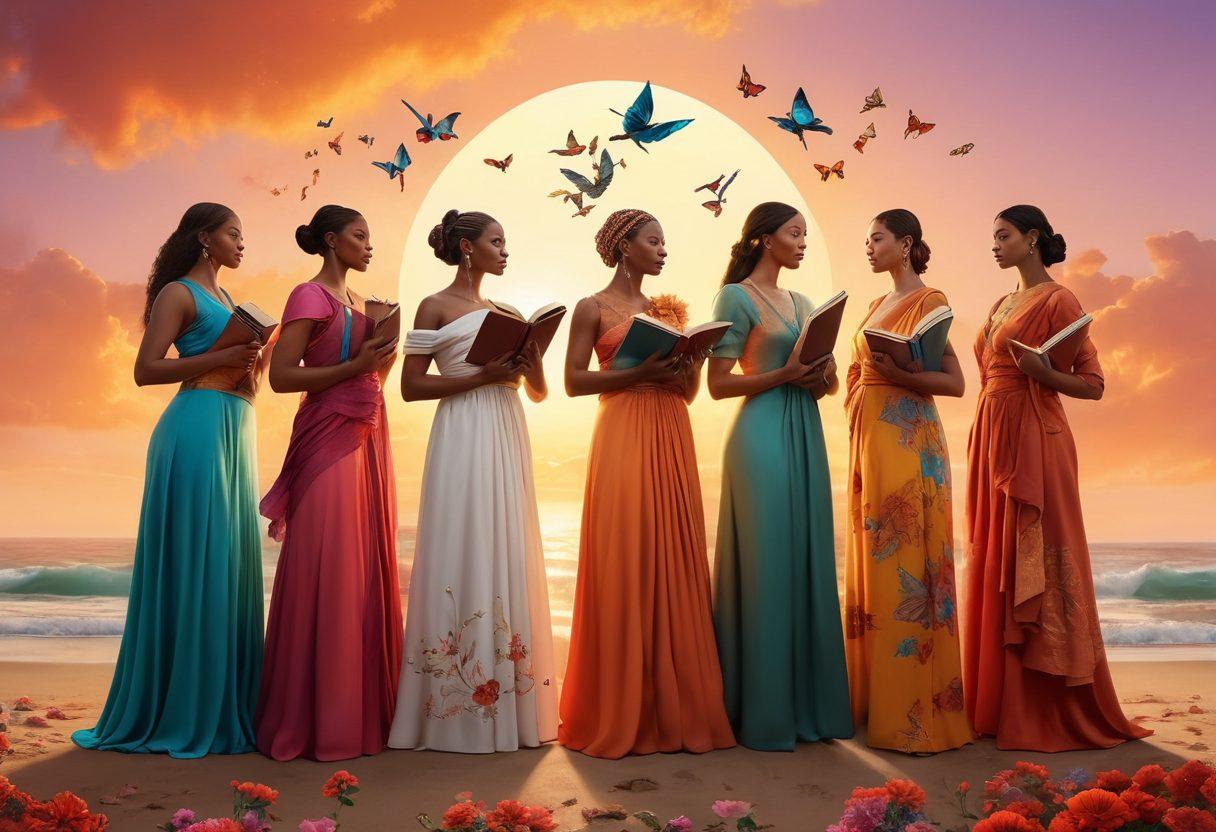 A diverse group of strong women standing together in a circle, each holding symbols of empowerment such as books, flowers, and scales. The background is a vibrant sunset symbolizing hope and change. Their expressions reflect determination and unity, with flowing fabrics and colorful accessories representing cultural diversity. Include elements like butterflies and doves to symbolize freedom and choices. super-realistic. vibrant colors. 3D.