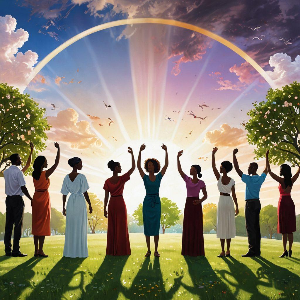 A powerful scene illustrating a diverse group of individuals, including men and women of various ethnicities, standing together in a circle, holding up signs advocating for gender equality. Surround them with symbols of choice like scales and open doors, while rays of sunlight break through dark clouds in the background, symbolizing hope and progress. The foreground features a vibrant park setting to signify growth and community action. super-realistic. vibrant colors. painting.