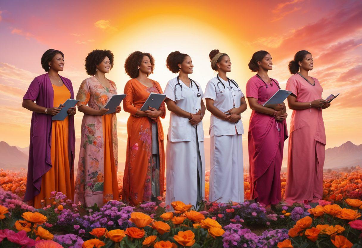 A diverse group of empowered women standing tall together, symbolizing strength and solidarity, each representing different cultures and backgrounds. Surround them with vibrant elements like flowers and symbols of health, prominently featuring icons like a stethoscope and scales. The background should depict a sunrise, signifying new beginnings and hope for autonomy. Include text bubbles with inspiring quotes about health rights and empowerment. vibrant colors. super-realistic.